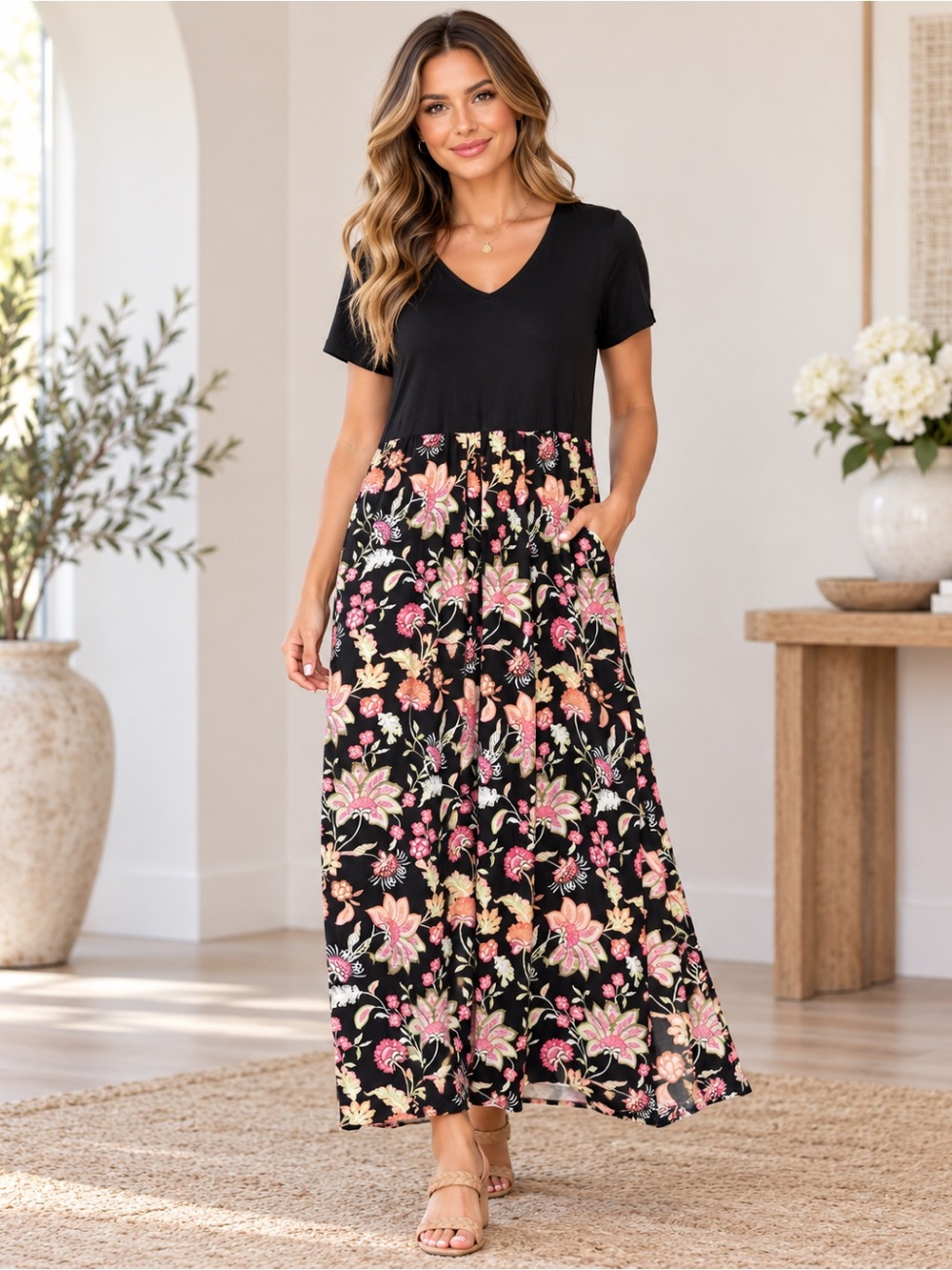 J. Jill Mixed Media Floral Print Maxi Dress Size M Petite